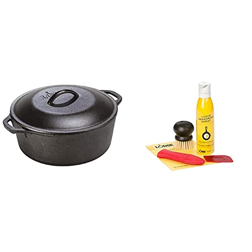 Lodge 5 Quart Cast Iron Dutch Oven. Pre-Seasoned Pot with Lid and Dual Loop Handle & Seasoned Cast Iron Care Kit 5-Piece Set, One Size, Assorted