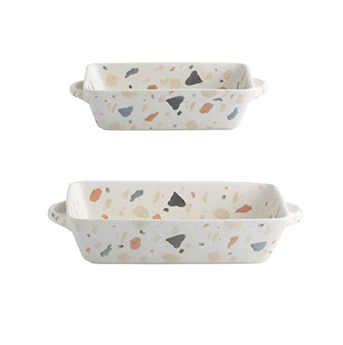 Porcelain Rectangle Baking Dish Set of 2, Floral Pizza Pie Cheese Serving Bakeware Oven Household Tableware (White)