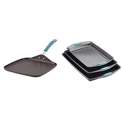 Rachael Ray Cucina Hard Anodized Nonstick Griddle Pan/Flat Grill, 11 Inch, Gray with Agave Blue Handle & Ray Bakeware Nonstick Cookie Pan Set, 3-Piece, Gray with Agave Blue Grips