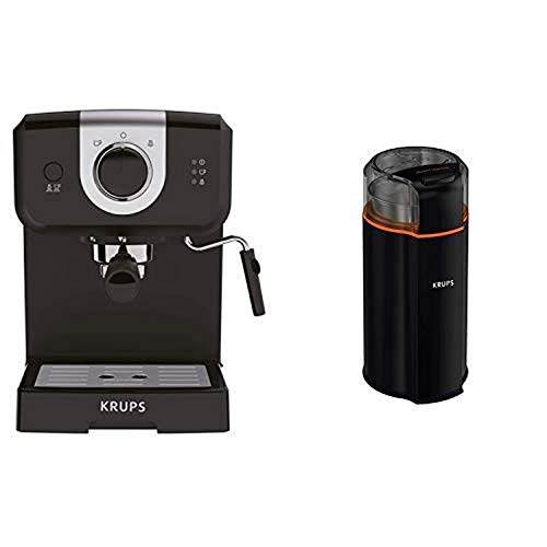 KRUPS XP3208 15-BAR Pump Espresso and Cappuccino Coffee Maker, 1.5-Liter, Black AND GX332850 Silent Vortex Electric Grinder for Spice,Dry Herbs and Coffee, 12-Cups, Black