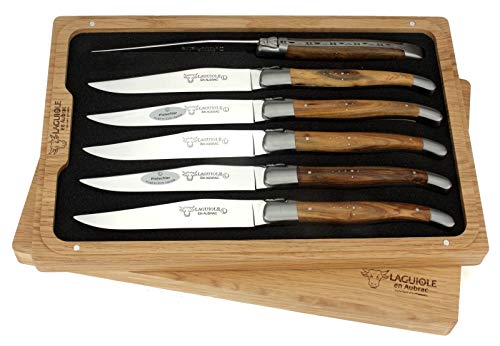 Laguiole en Aubrac Luxury Fully Forged Full Tang Stainless Steel Steak Knives 6-Piece Set, Pistachio Wood Handles, Stainless Steel Brushed Bolsters