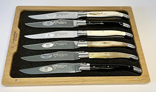 Laguiole en Aubrac Luxury Fully Forged Full Tang Stainless Steel Steak Knives 6-Piece Set with Mixed Horn Handles, Stainless Steel Shiny Bolsters