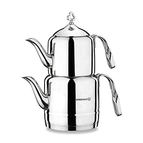 Korkmaz Cintemani Turkish Tea Pot Set for Stove Top, Stainless Steel Double Turkish Teapot Set with Stainless Steel Handle, Samovar Style Tea Kettle Set, 3.3 qt
