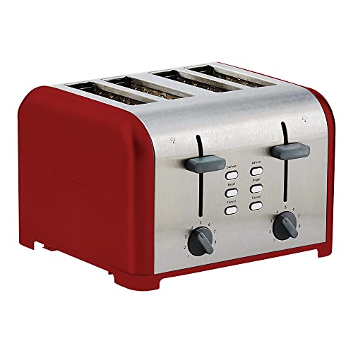 Kenmore 4-Slice Toaster, Red Stainless Steel, Dual Controls, Extra Wide Slots, Bagel and Defrost Functions, 9 Browning Levels, Removable Crumb Trays, for Bread, Toast, English Muffin, Toaster Strudel