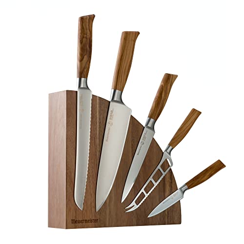 Messermeister Oliva Elite 6-Piece Magnet Block Set - Includes Chef’s, Bread, Cheese & Tomato, Utility & Paring Knife + Magnet Block