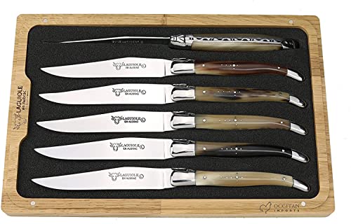 Laguiole en Aubrac Plated 6-Piece Steak Knife Set with Solid Horn Handles In Luxury Gift Box