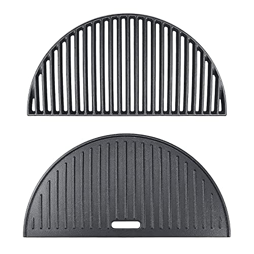 Hisencn 18" Half Moon Cast Iron Reversible Griddle and Cooking Grate for Large Big Green Egg for Kamado Joe Classic I, Classic II, Classic III, Large Big Green Egg and Other 18 inch Kamado Grills