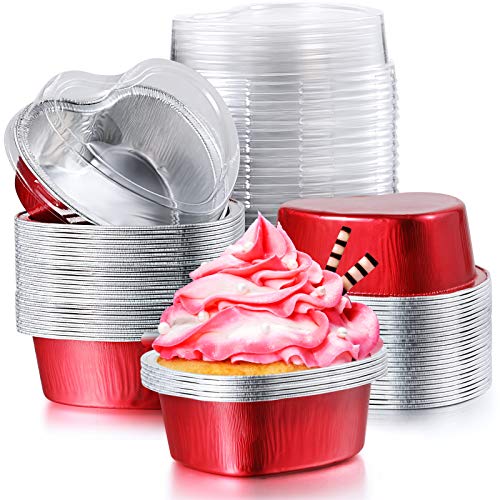 200 Sets Christmas Cake Pan 100 ml/ 3.4 Ounces Aluminum Foil Cupcake Cup with Lid Disposable Mini Cupcake Cup Heart Shaped Flan Baking Cups Pan for Xmas Valentine Mother's Day Wedding Birthday Party
