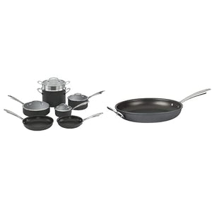 Cuisinart Dishwasher Safe Hard-Anodized 11-Piece Cookware Set, Black & Dishwasher Safe Hard-Anodized 12-Inch Open Skillet with Helper Handle