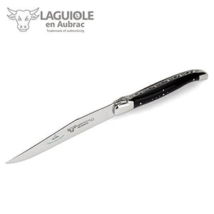 Laguiole en Aubrac - set of two handmade french steak knives and two forks - black polished buffalo horn handles - wooden gift box