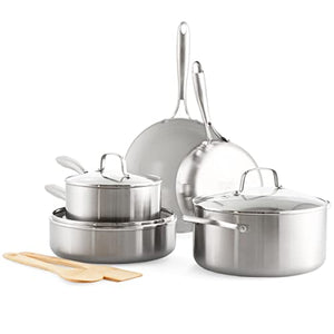 GreenLife Tri-Ply Stainless Steel Healthy Ceramic Nonstick, 10 Piece Cookware Pots and Pans Set, PFAS-Free, Multi Clad, Induction, Dishwasher Safe, Oven Safe, Silver