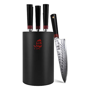 TUO Damascus Knife Set with Wooden Block - Professional Kitchen Knife Set - Japanese AUS-10 Damascus Steel & Full Tang G10 Handle - Ring-D Series - 6 pcs Knife Set with Gift Box