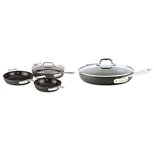 All-Clad Essentials Nonstick Skillet set, 4-Piece, Grey & HA1 Hard Anodized Nonstick Frying Pan with Lid, 12 Inch Pan Cookware, Medium Grey -