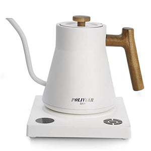 POLIVIAR Electric Gooseneck Kettle, 1200W Electric Tea Kettle w/teak wood handle, 34oz Pour Over Electric Kettle for Coffee & Tea, 18/8 Stainless Steel Inner, Temperature Control & Rapid Heating