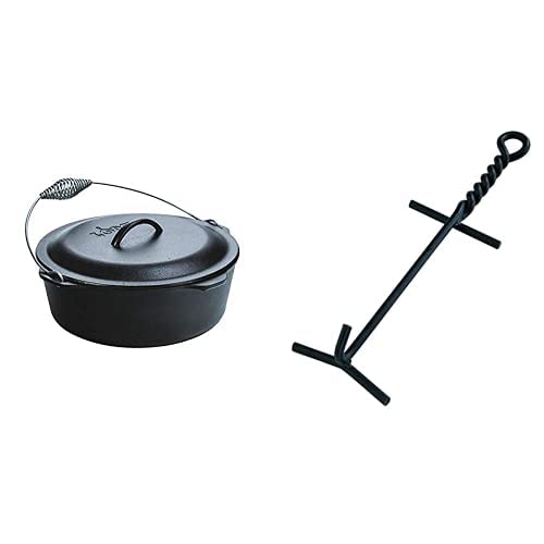 Lodge 9 Quart Cast Iron Dutch Oven. Pre Seasoned Cast Iron Pot and Lid & Camp Dutch Oven Lid Lifter. Black 9 MM Bar Stock for Lifting and Carrying Dutch Ovens. (Black Finish)