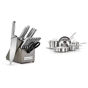Calphalon Kitchen Knife Set with Self-Sharpening Block, 15-Piece Classic High Carbon Knives & 10-Piece Pots and Pans Set, Stainless Steel Kitchen Cookware, Silver
