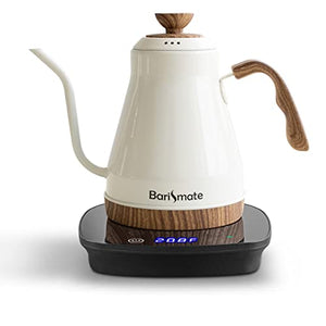 Barismate Electric Stainless Steel Gooseneck Kettle Temperature Variable For Coffee Tea Pour Over 1200 Watt Quick Heating 1 Liter Auto Shut-off Boil-dry Protection Matte Black (Ceramic White)
