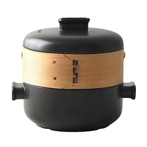 HH&DD Japanese Casserole Pot with Handles,Ceramic Casserole Clay Pot Steam Stew Pot,Natural Bamboo Steamer Basket for Cooking-Black 2.5l