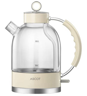 Electric Kettle, ASCOT Glass Electric Tea Kettle 1.7L, 1500W, Stainless Steel Tea Heater & Hot Water Boiler, Borosilicate Glass, BPA-Free, Cordless, with Auto Shut-Off and Boil-Dry Protection-Beige