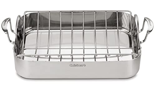Cuisinart Multiclad Pro Triple Ply Stainless Cookware 16-inch Roasting Pan Skillet, 19.3"(L) x 12.1"(W) x 5.2"(H), Rectangular Roaster w/Rack