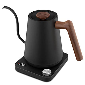 Electric Gooseneck Pour Over Kettle: KitchenBoss 1 Liter Temperature Control Coffee Kettles, 1350W Quickly Heating and Keep Warm Settings Stainless Steel Walnut Handle with Mute Mode, Charcoal Black