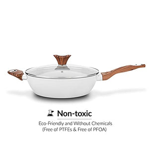 Phantom Chef 11" Deep Frypan 5 Qt Wok | Aluminum Body Non-Stick Ceramic Coating | With Soft Touch Stay Cool Handle | Dishwasher Safe | Non-Toxic PFOA & PTFE Free (Beige)