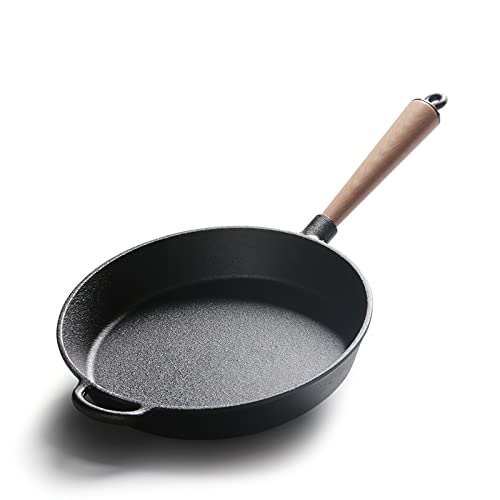 Pre-Seasoned Cast Iron Round Griddle Cast Iron Round Frying Pan Wooden Handle 10.2 Inch