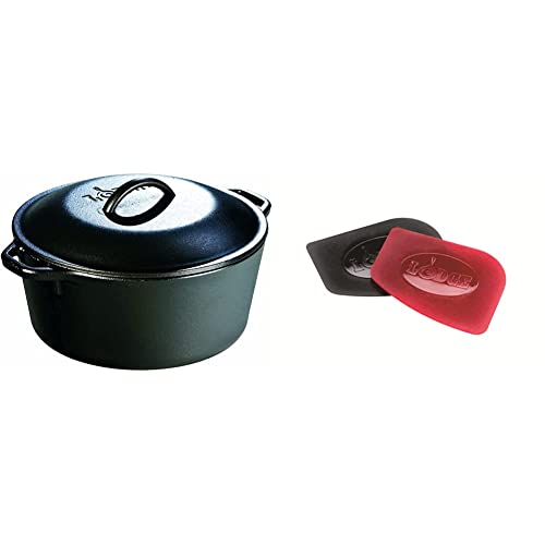 Lodge 5 Quart Cast Iron Dutch Oven. Pre-Seasoned Pot with Lid and Dual Loop Handle & Pan Scrapers. Handheld Polycarbonate Cast Iron Pan Cleaners. (2-Pack. Red/Black)