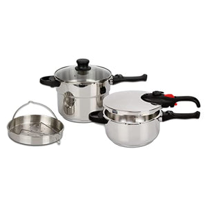 Bogner - Stainless Steel Pressure Cooker. 4 Safety Security System Valve, 4.2 & 6.3 quartz Capacity Pots, includes a thick Glass Lid and Steamer for Cooking, Compatible with all types of stoves
