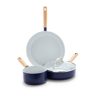 GreenPan Mid Century Modern Healthy Ceramic Cookware Set, 12-Inch Fry Pan, 1.6 Qt Saucepan, 2.8 Qt Saute Pan, PFAS Free, Navy Blue