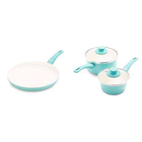 GreenLife Ceramic 12-inch Nonstick Skillet, Dishwasher Safe Turquoise & Greenlife Ceramic Nonstick Saucepan Pot, 1qt.