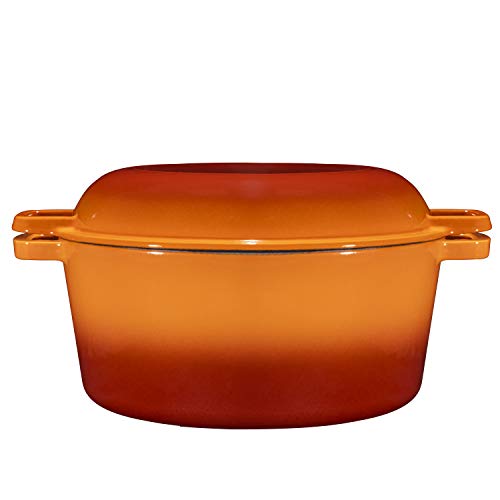 2 in 1 Enameled Cast Iron Double Dutch Oven & Skillet Lid, 5-Quart, Induction, Electric, Gas & In Oven Compatible, Enameled Pumpkin Spice