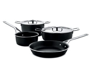 Alessi AJM100S6 A Pots&Pans Cookware Set Composed, Low Casserole with Two Handles, Saucepan, Frying pan in Aluminum with Non-Stick Interior, 2 Lids in 18/10 Stainless Steel, One Size, Black
