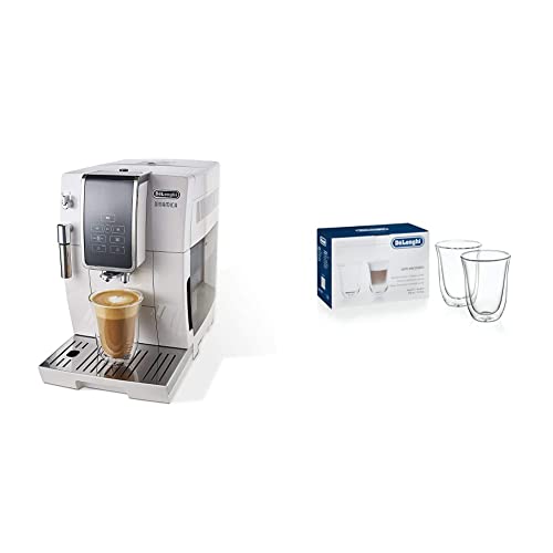 De'Longhi Dinamica Automatic Coffee & Espresso Machine, TrueBrew, White, ECAM35020W & DeLonghi Double Walled Thermo Latte Glasses, Set of 2, 2 Count (Pack of 1), Clear