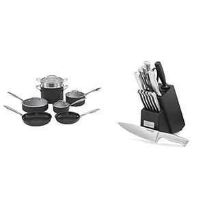 Cuisinart Dishwasher Safe Hard-Anodized 11-Piece Cookware Set, Black & C77SS-15PK 15-Piece Stainless Steel Hollow Handle Block Set