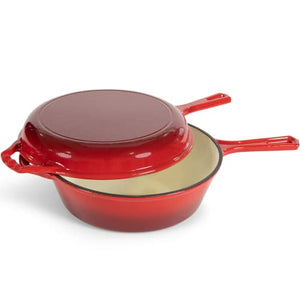 Enameled Red 2-In-1 Cast Iron Multi-Cooker By Bruntmor – Heavy Duty 3 Quart Deep Skillet and Lid Set, Versatile Healthy Design, Non-Stick Kitchen Cookware, Use As Dutch Oven Frying Pan