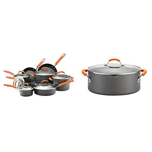 Rachael Ray Brights Hard-Anodized Nonstick Cookware Set, 14-Piece Pot and Pan Set, Gray with Orange Handles & Ray Brights Hard Anodized Nonstick Pasta Pot / Stockpot / Stock Pot - 8 Quart, Gray