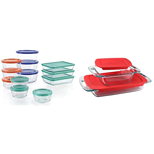 Pyrex Simply Store 24-Pc Glass Food Storage Container Set with Lid, Round & Rectangle Glass Storage Containers & Easy Grab 4-Piece Glass Baking Dish Set with Lids, 3-Qt & 2-Qt Glass Bakeware Set