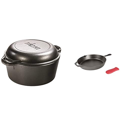 Lodge Pre-Seasoned Cast Iron Double Dutch Oven With Loop Handles, 5 qt & Pre-Seasoned Cast Iron Skillet with Assist Handle Holder, 12", Red Silicone