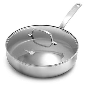 GreenPan Chatham Tri-Ply Stainless Steel Healthy Ceramic Nonstick 3.75QT Saute Pan Jumbo Cooker with Lid, PFAS-Free, Multi Clad, Induction, Dishwasher Safe, Oven Safe, Silver