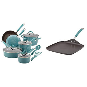 Rachael Ray Cucina Nonstick Cookware Pots and Pans Set, 12 Piece, Agave Blue & Cucina Hard Anodized Nonstick Griddle Pan/Flat Grill, 11 Inch, Gray with Agave Blue Handle