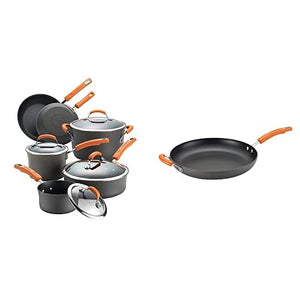 Rachael Ray Brights Hard-Anodized Aluminum Nonstick Cookware Set with Glass Lids, 10-Piece Pot and Pan Set & Brights Hard Anodized Nonstick Frying Pan/Fry Pan/Hard Anodized Skillet - 14 Inch, Gray