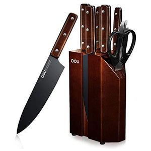 OOU Kitchen Knife Block Set - 8 Pieces High Carbon Stainless Steel Kitchen Knife Sets, Anti-Rust Black Knife Set with Ebony Wood Block