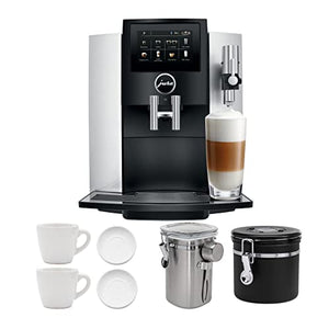 Jura S8 Automatic Coffee Machine (Moonlight Silver) with 2 Cup and Saucer Sets and Two Coffee Canister Bundle (5 Items)