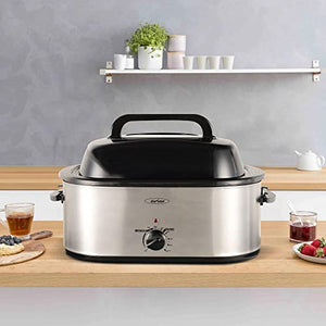 24-Quart Electric Roaster Oven with Visible Glass Lid, Sunvivi Roaster with Removable Pan & Rack, 150-450°F Full-Range Temperature Control with Defrost/Warm Function, Stainless Steel, Silver