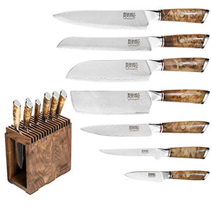 Knife Set Block - 8 Piece Chefs Knife Set - Damascus Steel VG10 Japanese Stainless Steel Home Kitchen Knife Set With Shadow wood Handle Unviersal Walnut Block