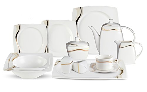 Lorenzo 57 Piece Elegant Bone China Service for 8 Dora Dinnerware Sets, Gold