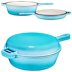 Enameled 2-In-1 Cast Iron Multi-Cooker – Heavy Duty Skillet and Lid Set, Versatile Non-Stick Kitchen Cookware, Use As Dutch Oven Or Frying Pan, 3 Quart, Blue