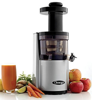 Omega Vertical Slow Masticating Juice Extractor 43 RPM Compact Design with Automatic Pulp Ejection, 150-Watt, Silver