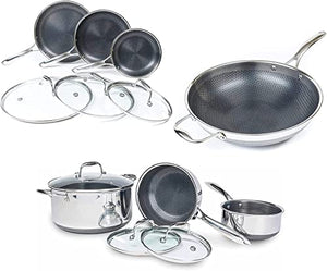 HexClad 13 Piece Hybrid Stainless Steel Cookware Set - 6 Piece Frying Pan Set, 6 Piece Pasta Pot Set, 12 Inch Wok - Dishwashing Safe, Induction Cookware, PFOA-Free, NonStick, Easy to Clean, Oven Safe
